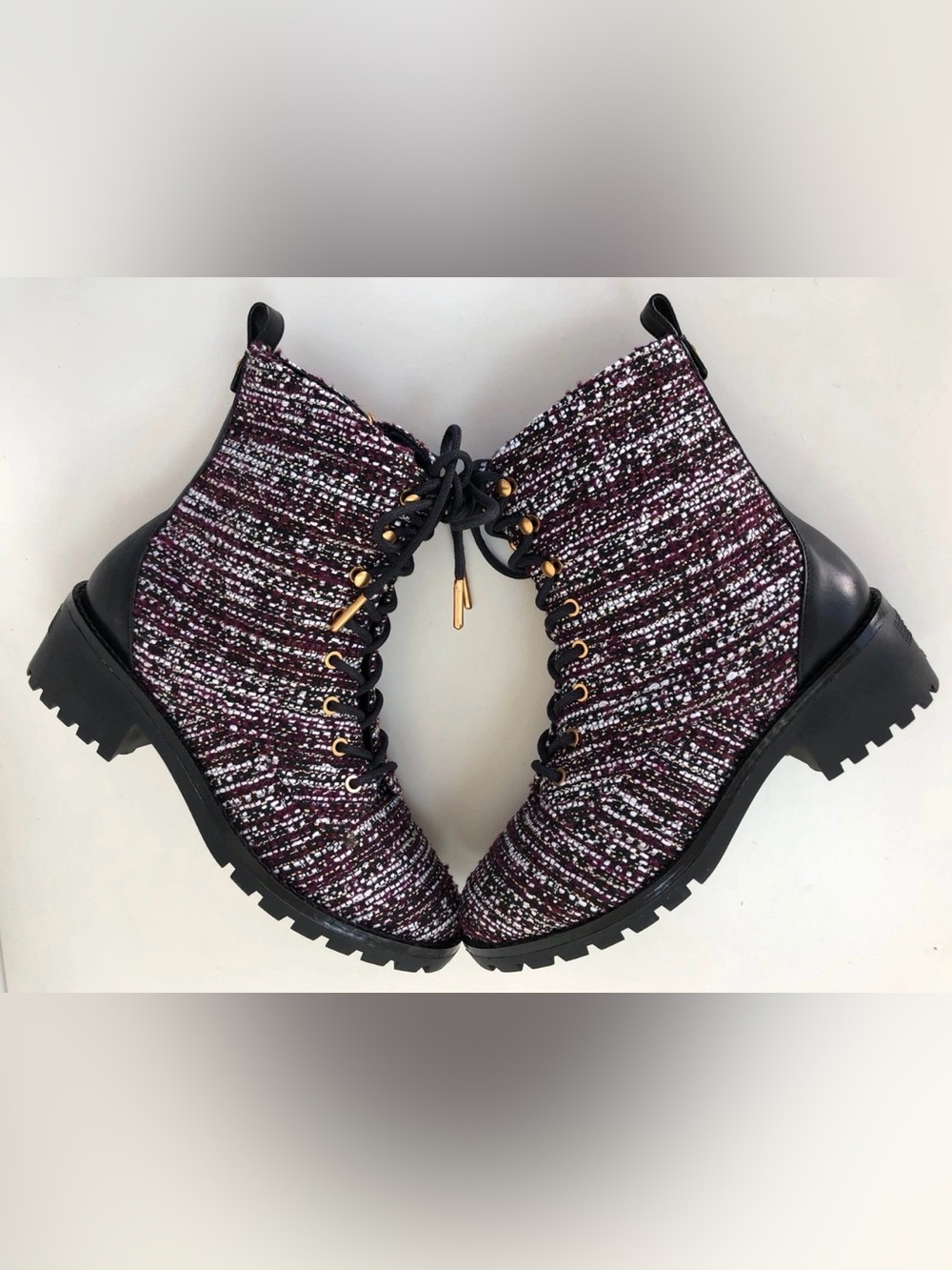Tory Burch Burgundy Tweed Lace-Up Combat Boots Size 6.5